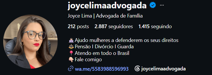 Perfil de Joyce Lima no Instagram @joycelimaadvogada
